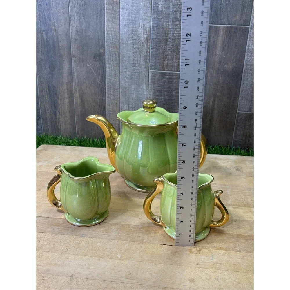 Vintage Pearl China Lime Green Lusterware Tea Set 22K Gold Teapot Creamer Sugar